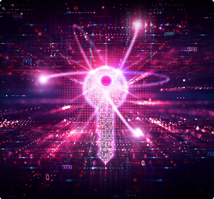 Digitale Darstellung eines Schlüssels, umgeben von Quanten auf einer Umlaufbahn